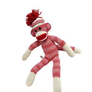 Valentines Sock Monkey Plush Schylling 23" pink red striped yarn pom pom